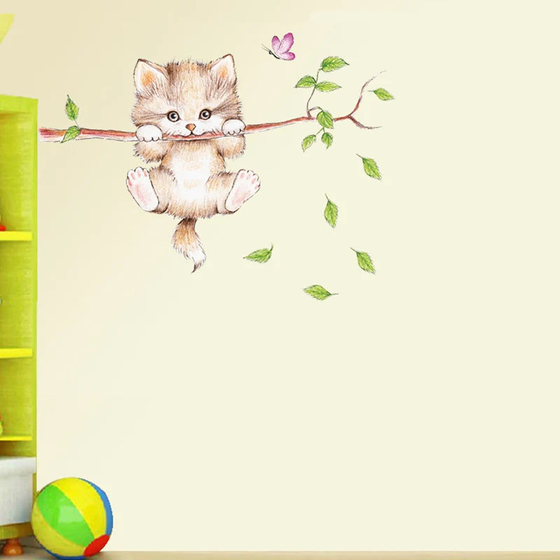 sticker mural chat papillon branches feuilles vertes arbre dessin animé chambre enfant décoration amovible