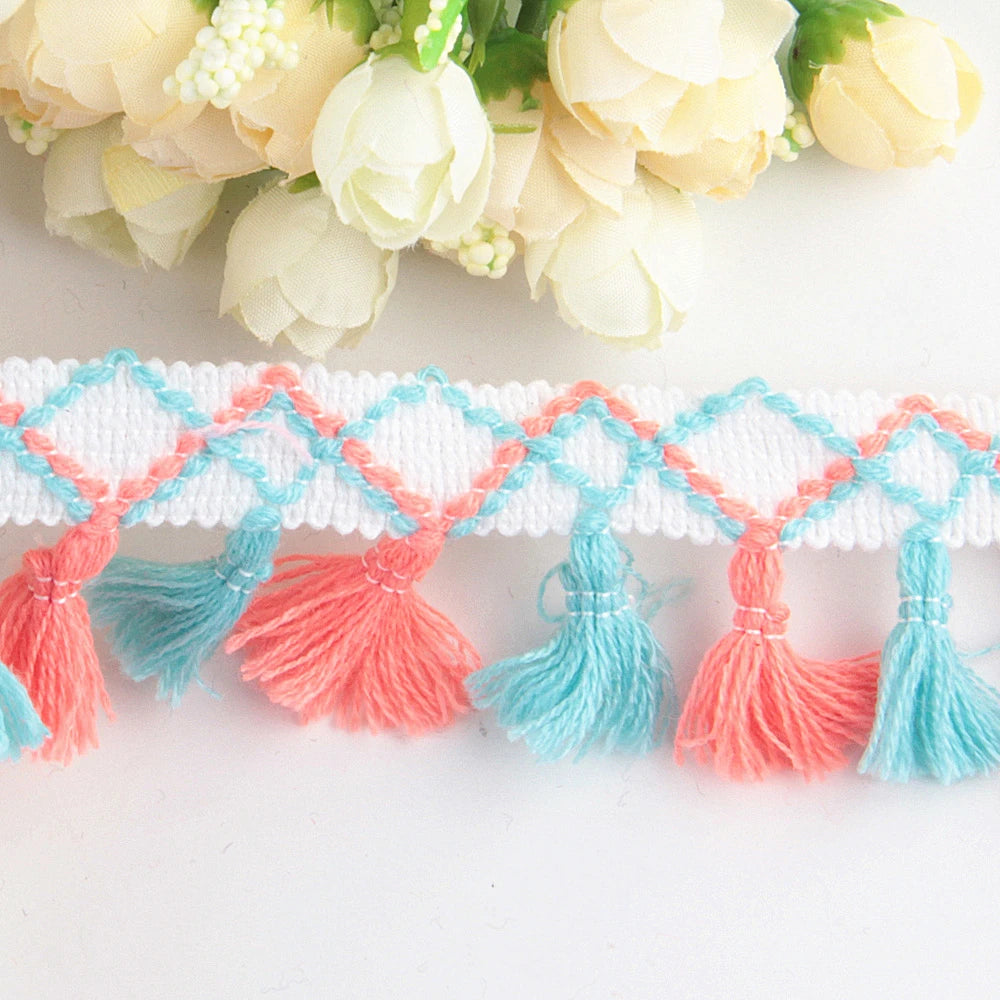 ruban pompons boho chic orange rose bleu noir blanc rouge diamants géométriques 100 polyester