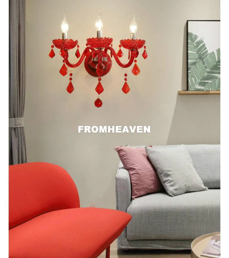 applique murale rouge classique abat jour ondulé pendantes fixée mur deux sources lumineuses