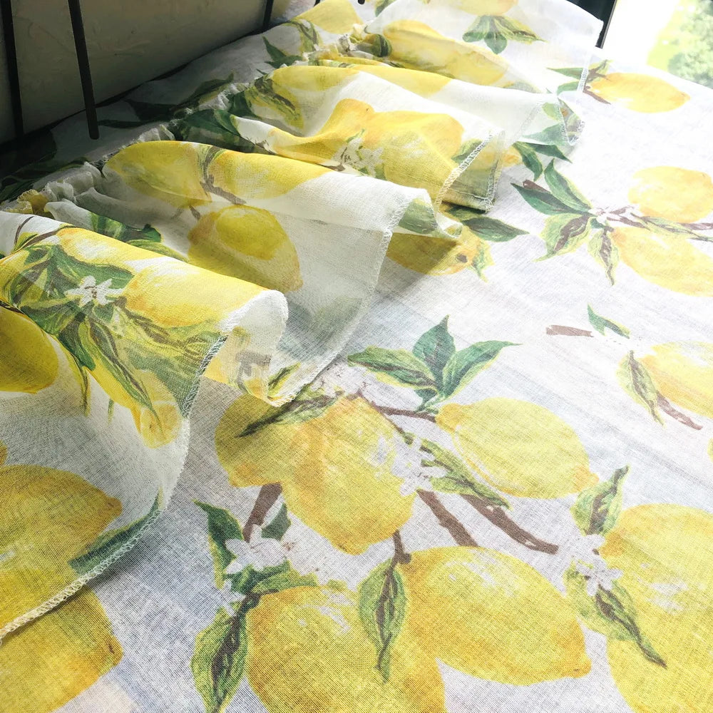 rideau pastoral imprimé citrons jaunes blancs feuilles vintage maison