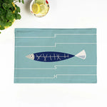 serviettes table lin motif poissons moderne bleu clair beige 44x28cm