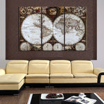 peinture l'huile toile carte monde rétro classique décoration intérieure photo salon trois panels sans