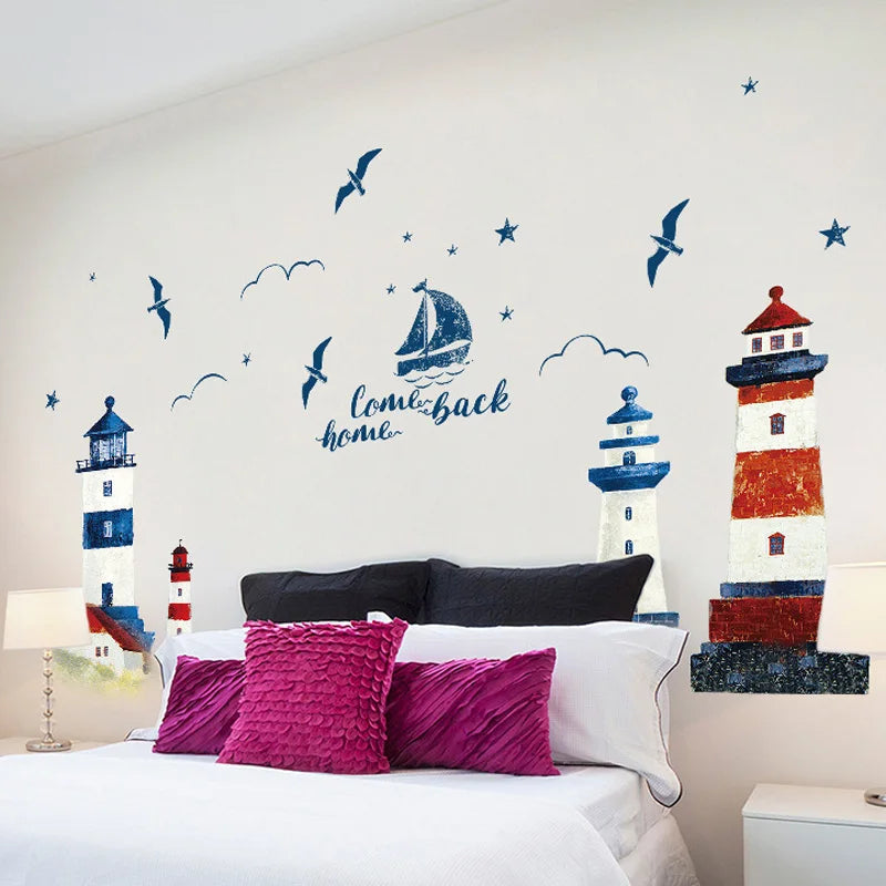 sticker mural bateau phare art marin grunge bleu blanc rouge come back