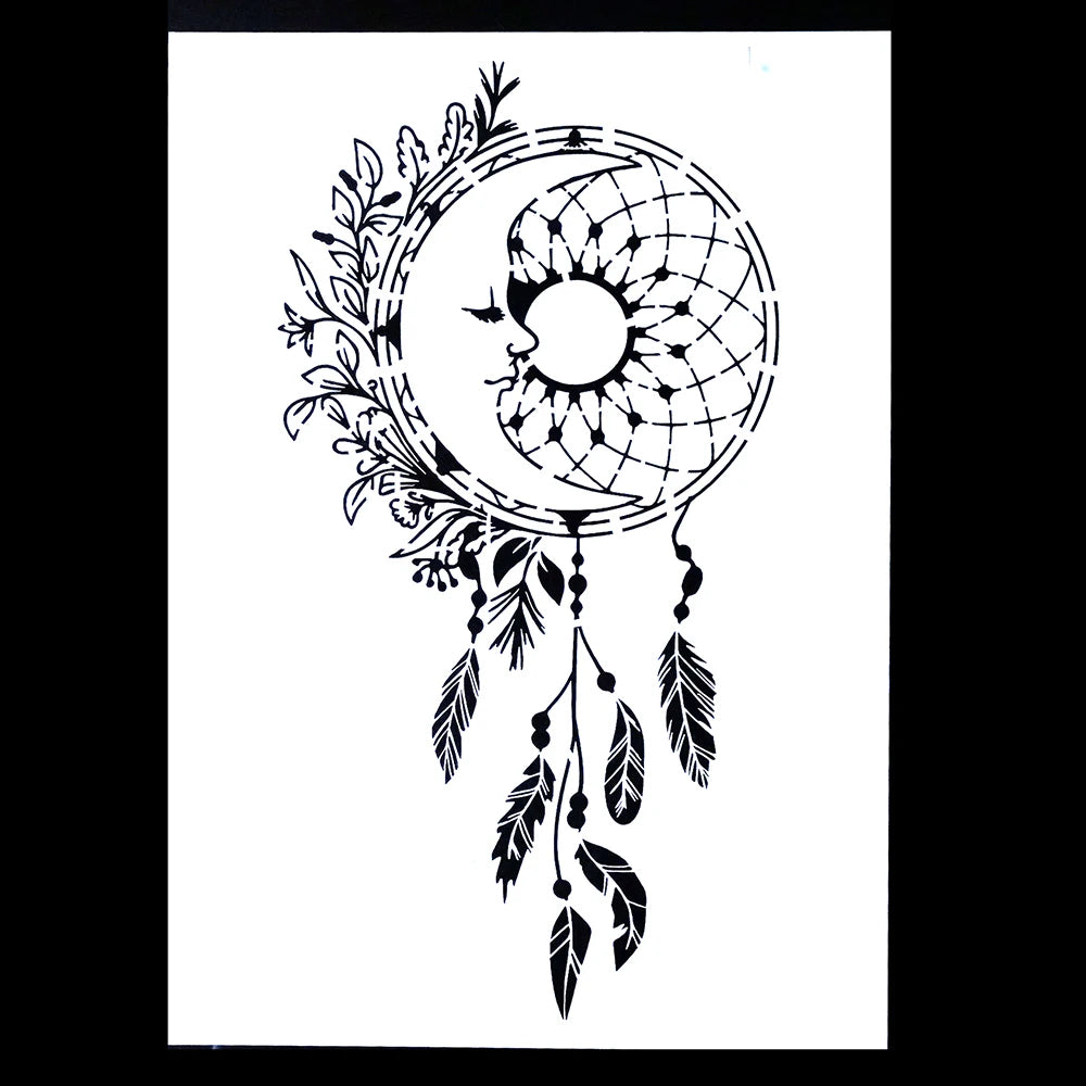 Stencil A4 fleurs plumes or blanc artisanal boho ornemental papier carton