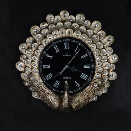 horloge murale solaire résine paon plumes dorées décoratif salon vintage aiguilles