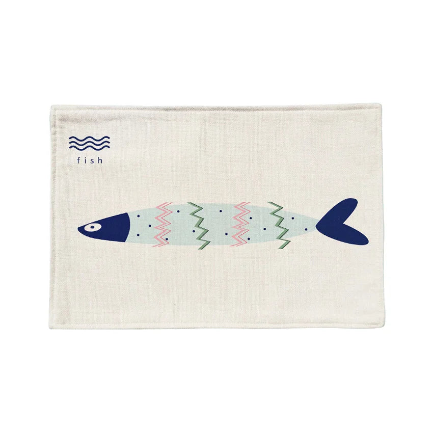 serviettes table lin motif poissons moderne bleu clair beige 44x28cm