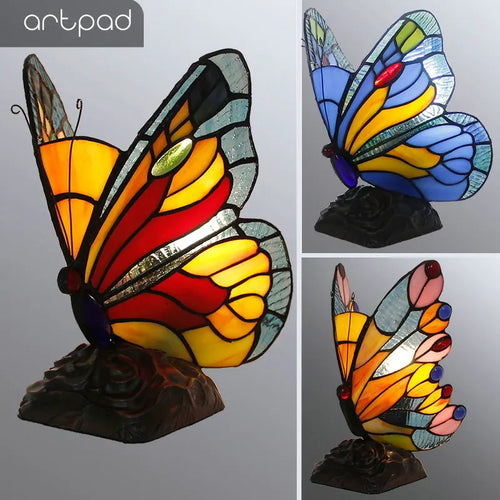 lampe table papillon stained glass multicolore art nouveau tiffany interrupteur bouton led motifs floraux