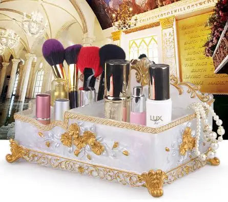 organisateur maquillage boîte rangement résine respectueuse environnement beige doré bleu clair ornement floral classique