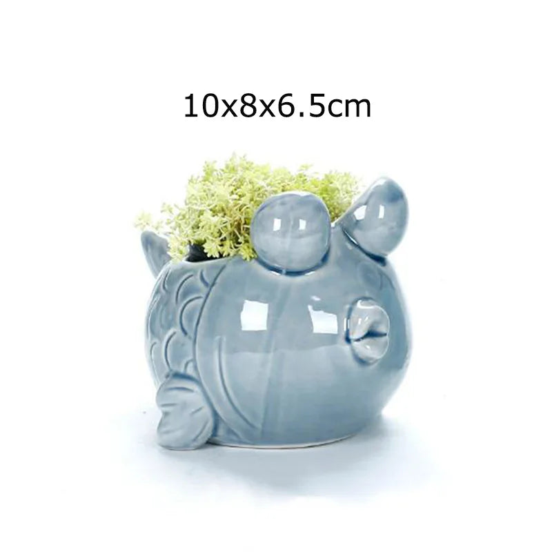 petit cache pot ceramique bleu motif poisson marin decoratif plante succulente maison