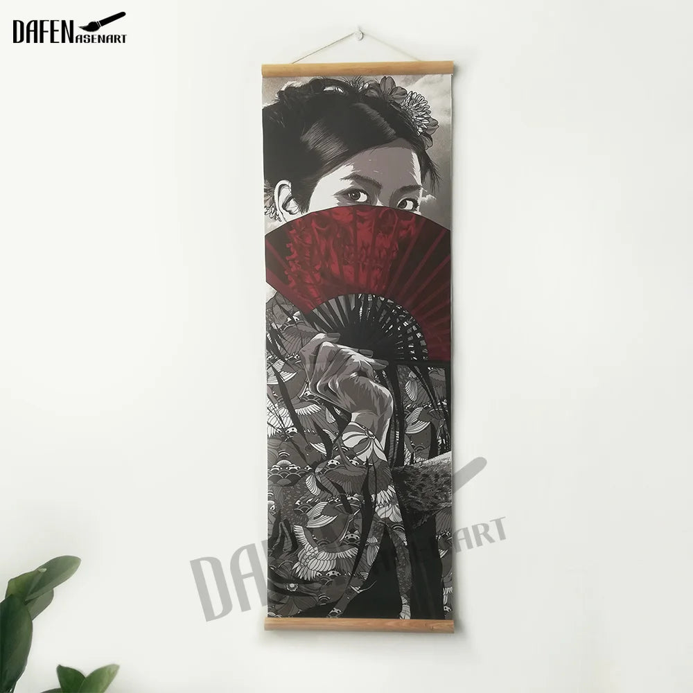 toile d'art ukiyo samouraï contemporain illustration noir blanc rouge gris cadre bois