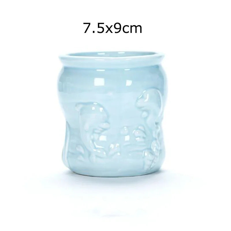 petit cache pot ceramique bleu motif poisson marin decoratif plante succulente maison
