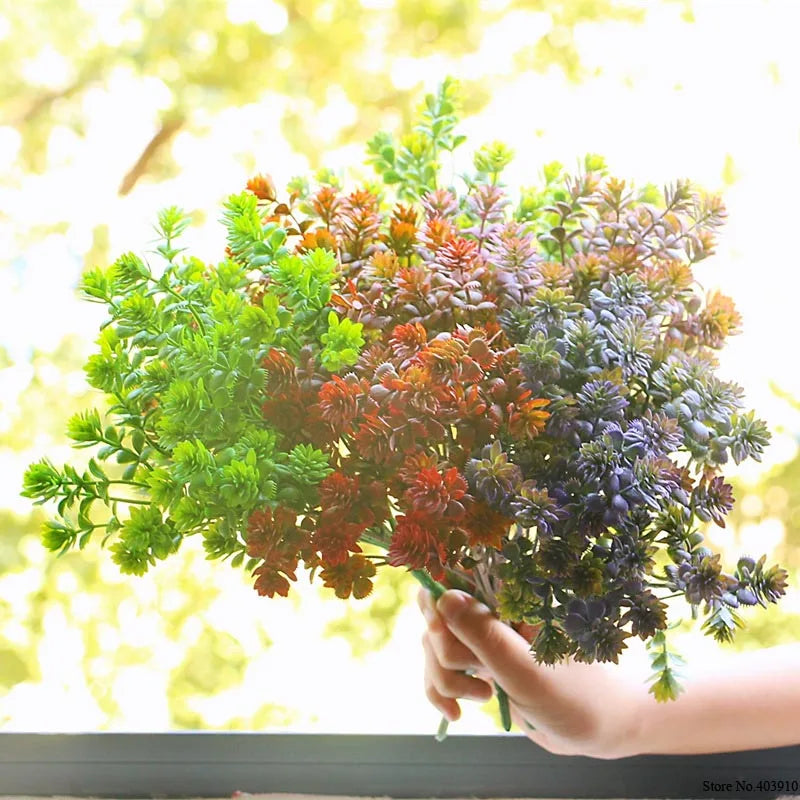bouquet artificiel feuilles vertes fleurs pompons deco mariage extérieur naturel multicolore rouge violet orange