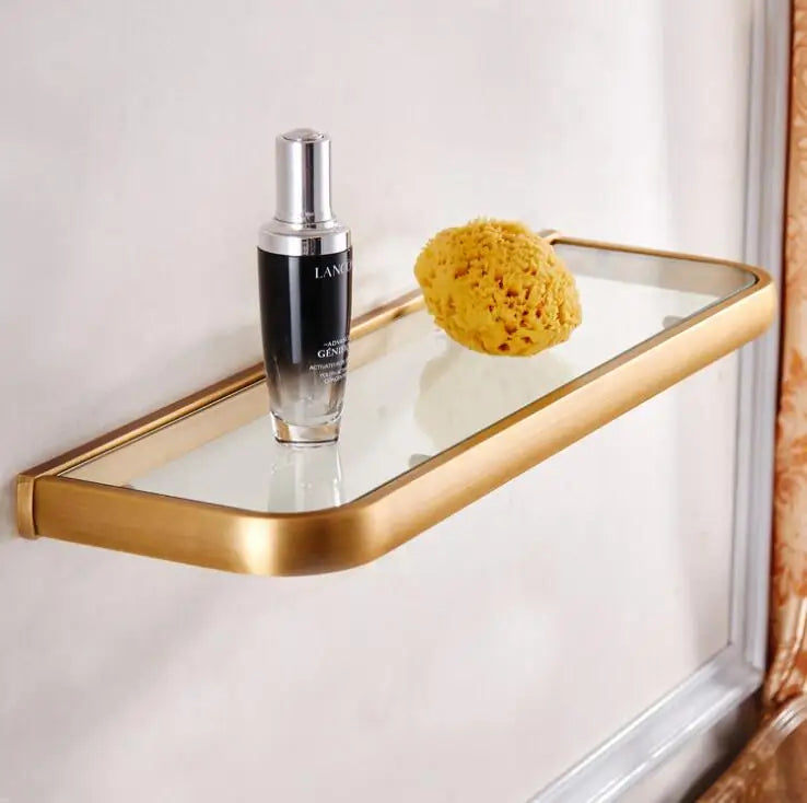 étagère murale verre or rose moderne transparente cosmétiques accessoires salle bain fixations inclusées rectangle
