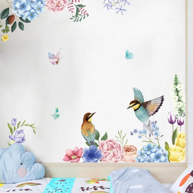 sticker mural fleurs oiseaux adhésif moderne art floral multicolore pvc résistant eau salon chambre