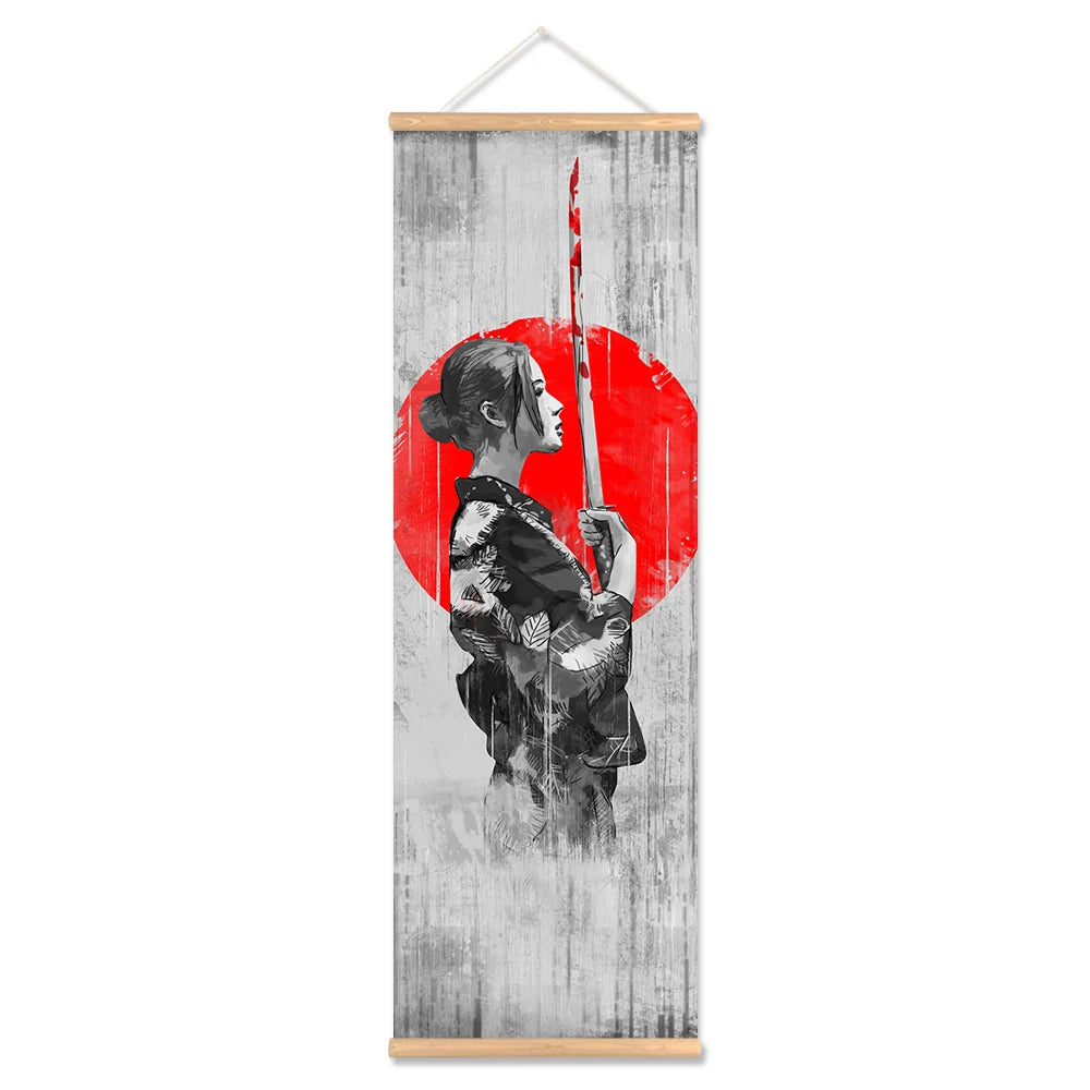 toile d'art ukiyo samouraï contemporain illustration noir blanc rouge gris cadre bois