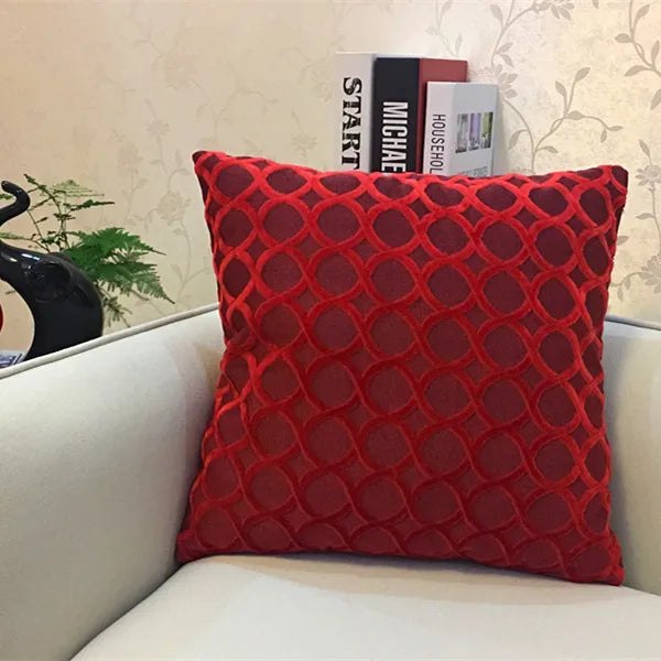 coussin carré velours motif cercles entrelacés rouge jaune vert bleu violet gris contemporain fixations