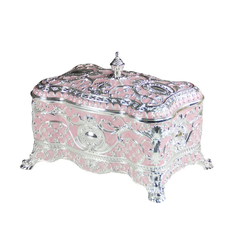 boîte bijoux rectangle métal rose clair ornements floraux classique intérieur velours rouge rechargeable