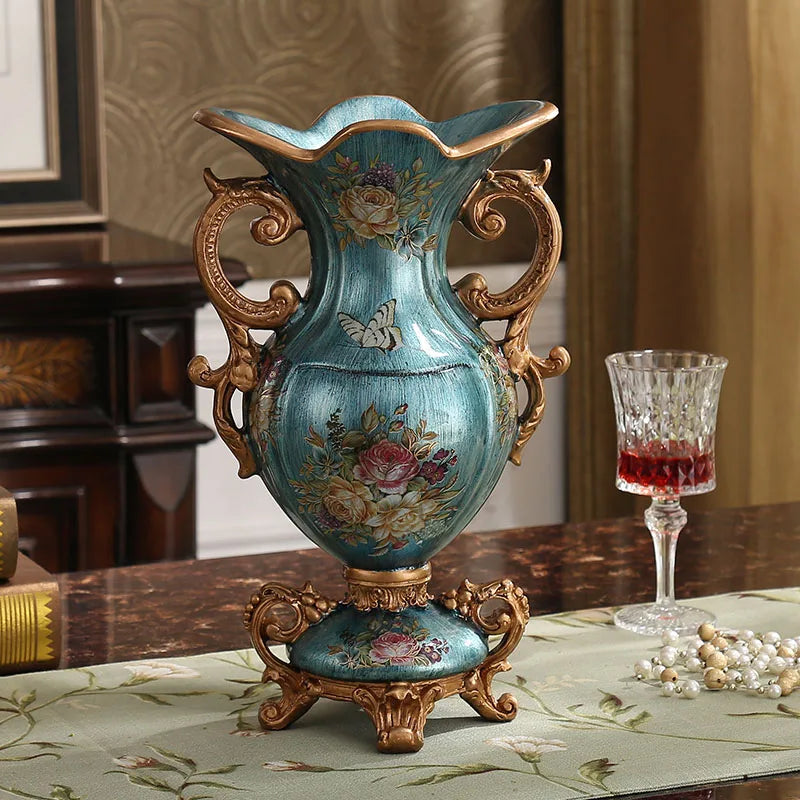 vase résine bleu doré fleurs papillon classique baroque décoration intérieur chambre table