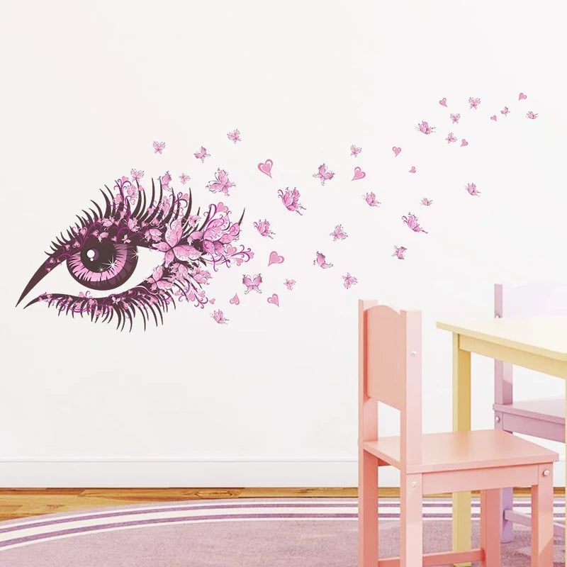 sticker mural moderne oeil papillon coeurs violet rose blanc adhésif intérieur décoration chambre salon