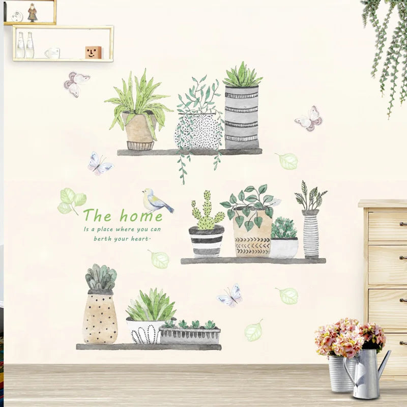 autocollant mural plantes pot peinture oiseaux papillons feuilles vert naturel salon cuisine déco