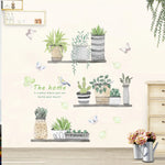 autocollant mural plantes pot peinture oiseaux papillons feuilles vert naturel salon cuisine déco