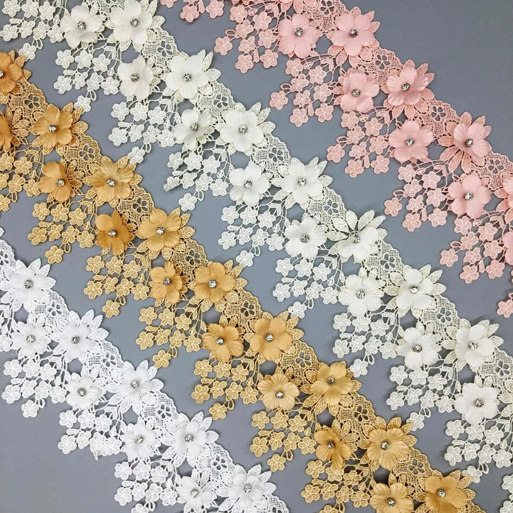 ruban dentelle fleurs relief strass mariage blanc rose doré coton polyester 9cm large élégant