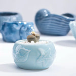 petit cache pot ceramique bleu motif poisson marin decoratif plante succulente maison