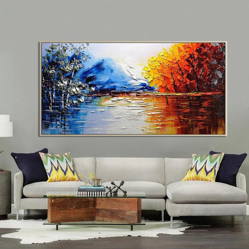 peinture l'huile moderne paysage abstrait bleu blanc rouge verte lac montagne sans cadre