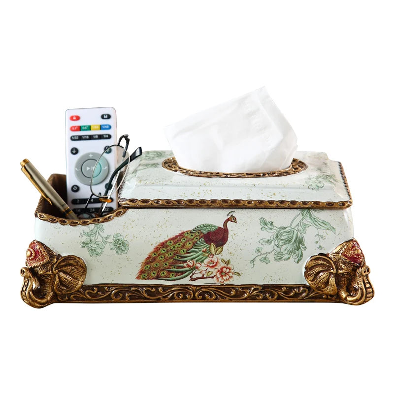 boîte mouchoirs polygone peinture paon classique blanc doré bleu rouge