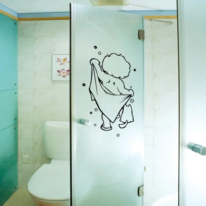 sticker autocollant mural salle bains dessin noir blanc personne serviette bulles transparent amovible résistant