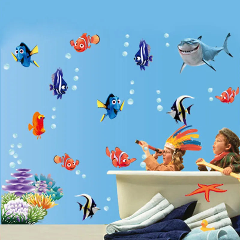 sticker mural thème marin poissons coraux cartoon enfants décoration mur adhésif