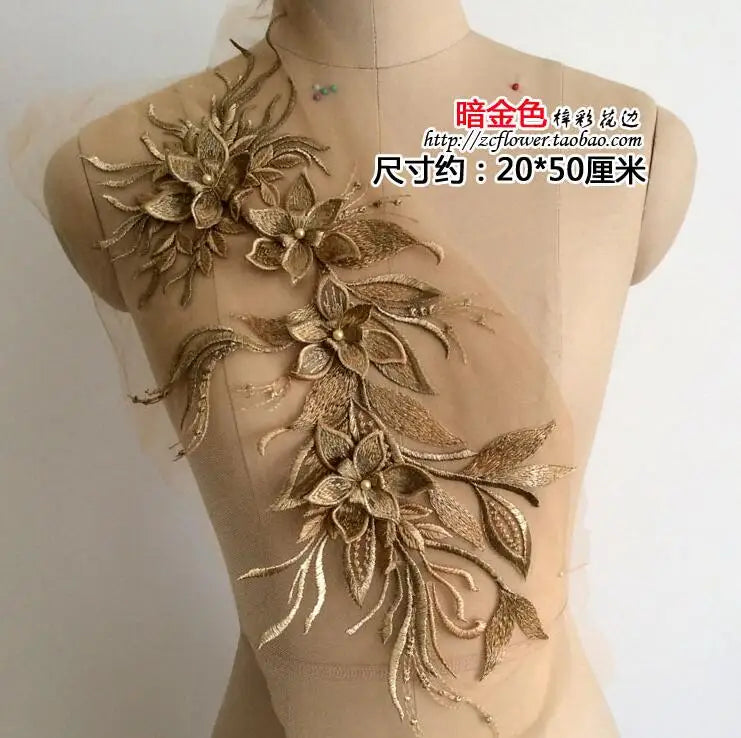 applique textile dentelle fleurs brillantes rouge doré noir broderie polyester écologique 50x20cm