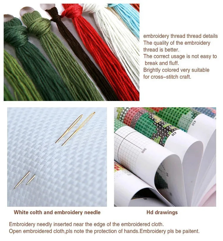 broderie point croix motifs fleurs roses coton fils aiguilles toile instructions complet kit