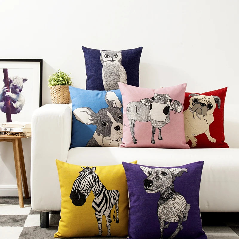 housse carrée coussin animal imprimé moderne zèbre oiseau chien vache multicolore