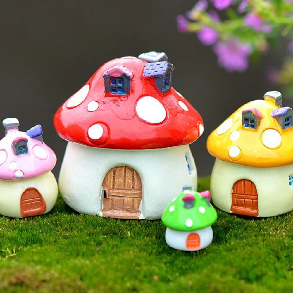 décoration miniature maison champignon résine rouge vert jaune rose fantaisie pastoralette porte fenêtre toit