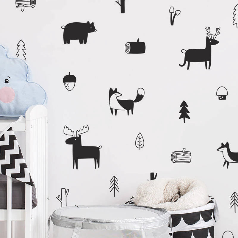 stickers muraux animaux forêt scandinave minimaliste adhésif noir blanc renard ours cerfs arbres