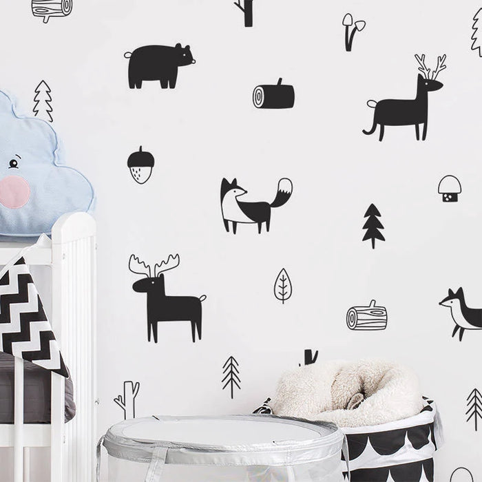 stickers muraux animaux forêt scandinave minimaliste adhésif noir blanc renard ours cerfs arbres