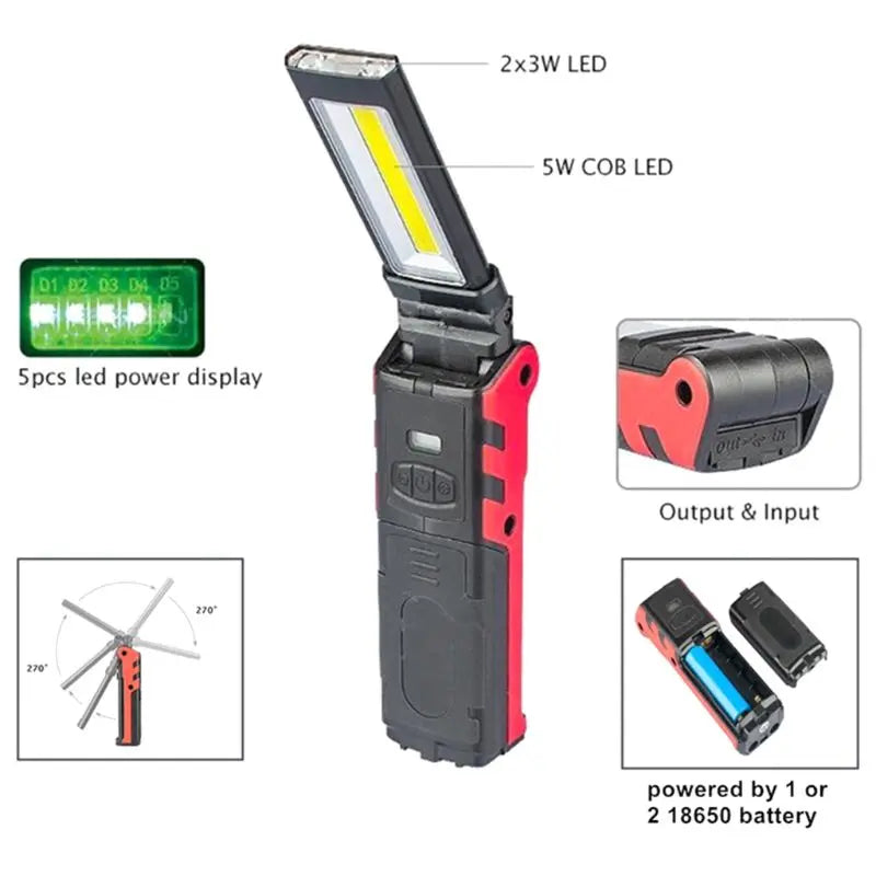 lampe torche pliable rouge noir anti dérapante recharge usb led cob intense
