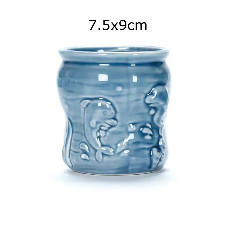 petit cache pot ceramique bleu motif poisson marin decoratif plante succulente maison