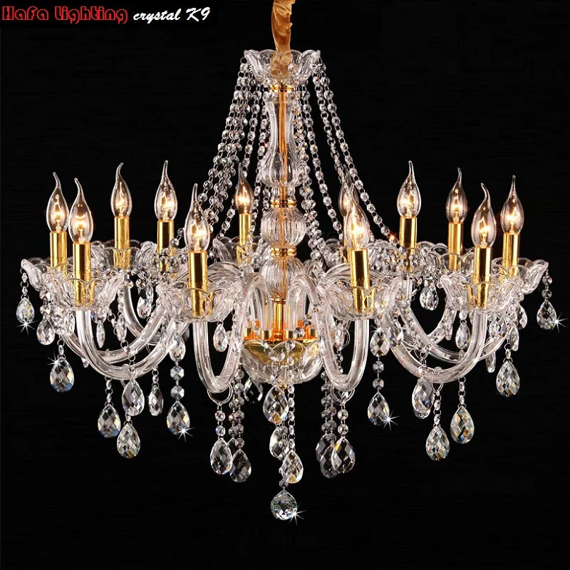 lustre cristal luxe doré suspension salon classique baroque lumière hall villa décoration intérieur