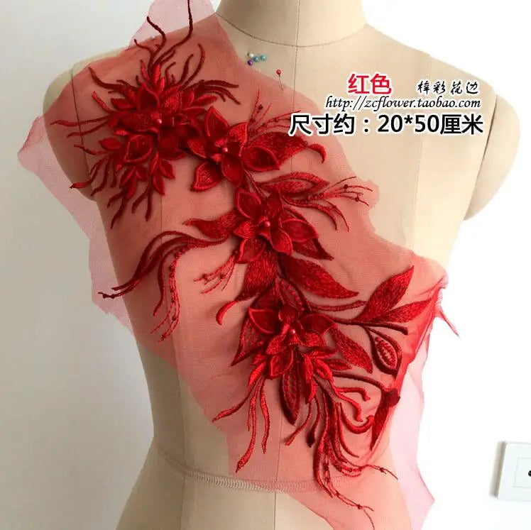 applique textile dentelle fleurs brillantes rouge doré noir broderie polyester écologique 50x20cm