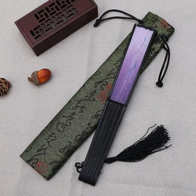 éventail pliant imprimé floral classique vert foncé violet tassel élégant motifs géométriques bois tissu