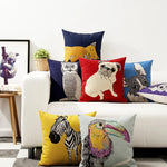 housse carrée coussin animal imprimé moderne zèbre oiseau chien vache multicolore