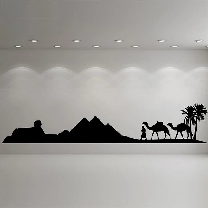 autocollant mural paysage pyramides chameaux minimaliste noir résistant eau décoration intérieure large medium small