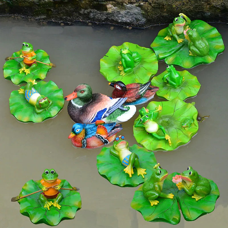 figurine grenouille assise feuille lotus décoration jardin étang résine sculpture animalière colorée décorative