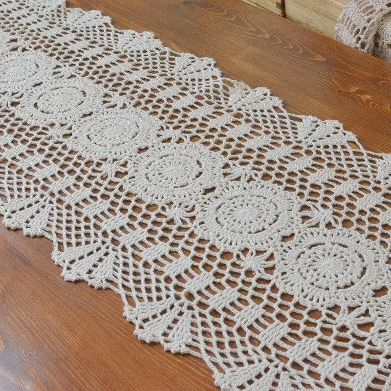 chemin table crochet dentelle motif floral 100 coton blanc beige pêche rustique vintage
