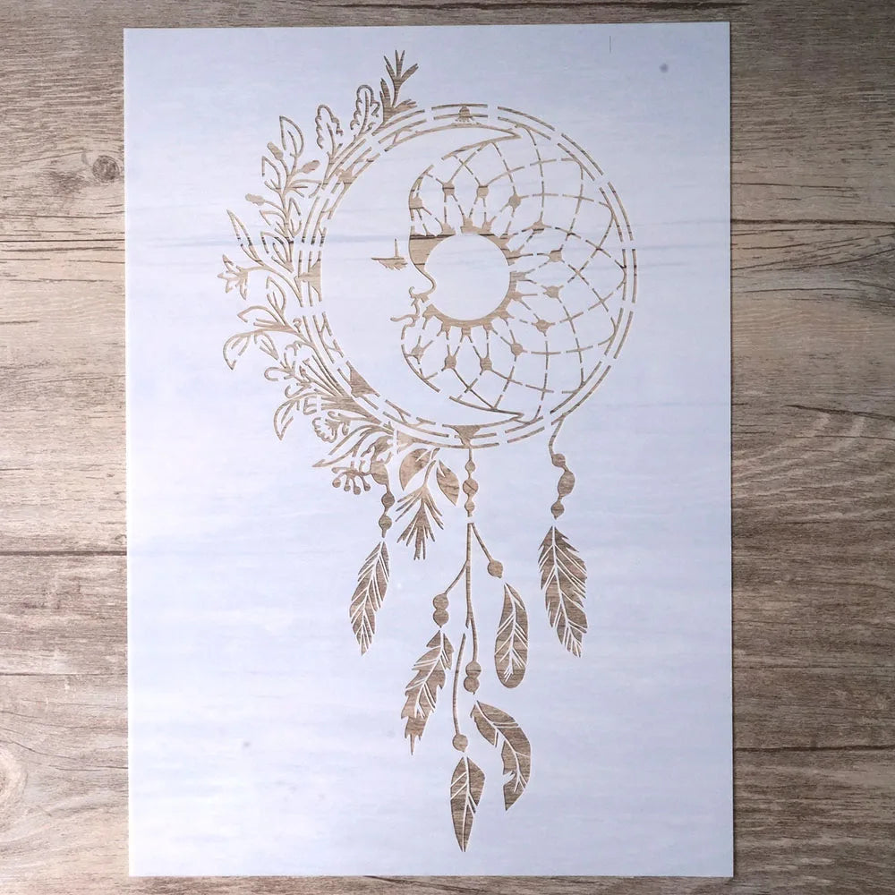 Stencil A4 fleurs plumes or blanc artisanal boho ornemental papier carton