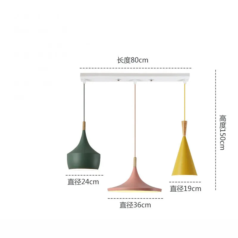 lampes suspendues modernes trois abatjours vert jaune rose blanc minimaliste