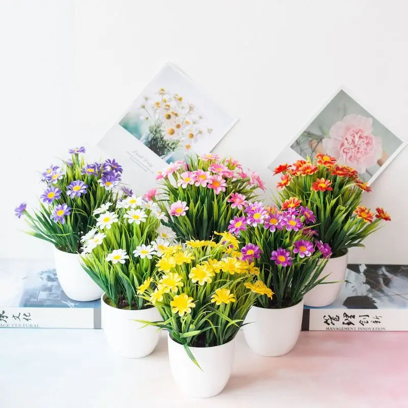 décoration extérieure plante artificielle moderne bonsaï violet blanc jaune ornement fleuri pot blanc exposition
