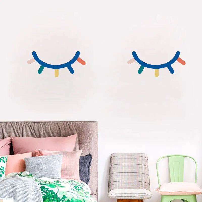 Stickers muraux dessin animé yeux fermés couleur enfant adhésifs pvc résistants eau chambre bleu